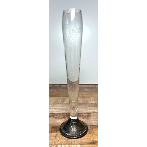 Vintage Duchin Sterling Weighted Silver Base Etched Glass Bud Vase - Picture 1 of 4